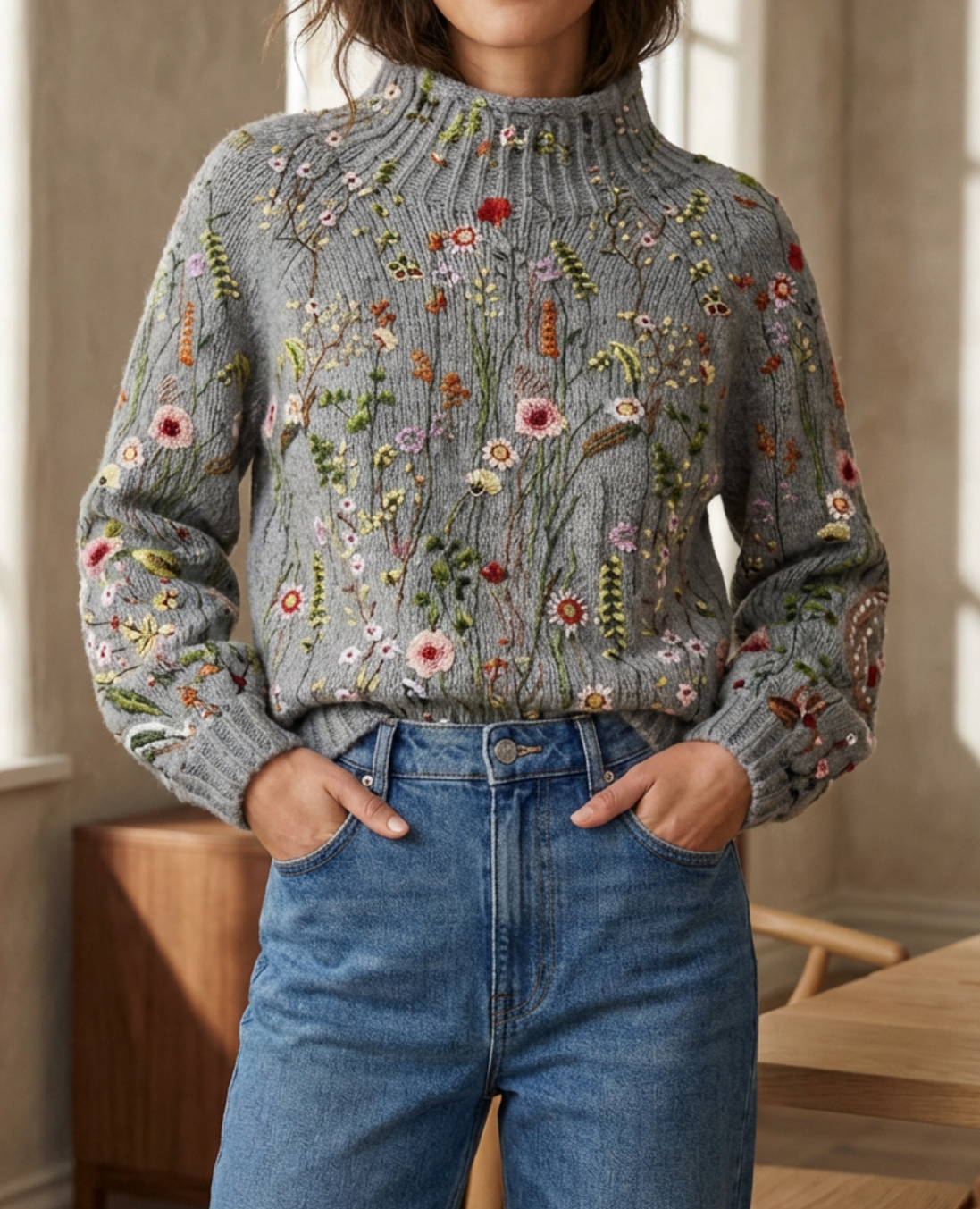 Womens Floral Embroidered Knit Sweater – Relaxed Ribbed Style